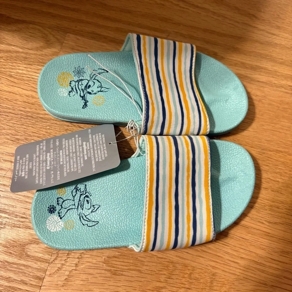Disney Stitch Sandals NEW 9/10 Aqua Blue Striped Slides Yellow Kids Shoes